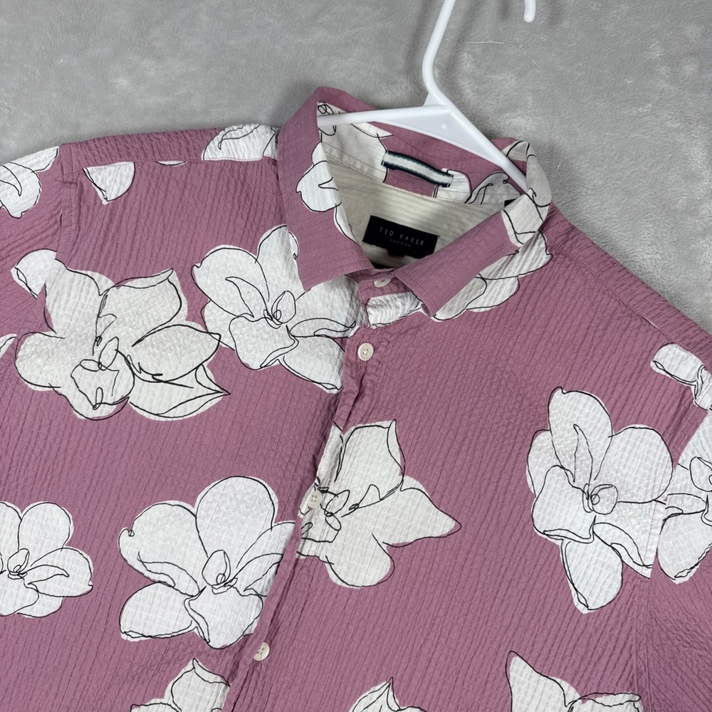 Ted Baker Mens Mid Pink Floral Seersucker Button Down Shirt Size 6 (LG) Regular